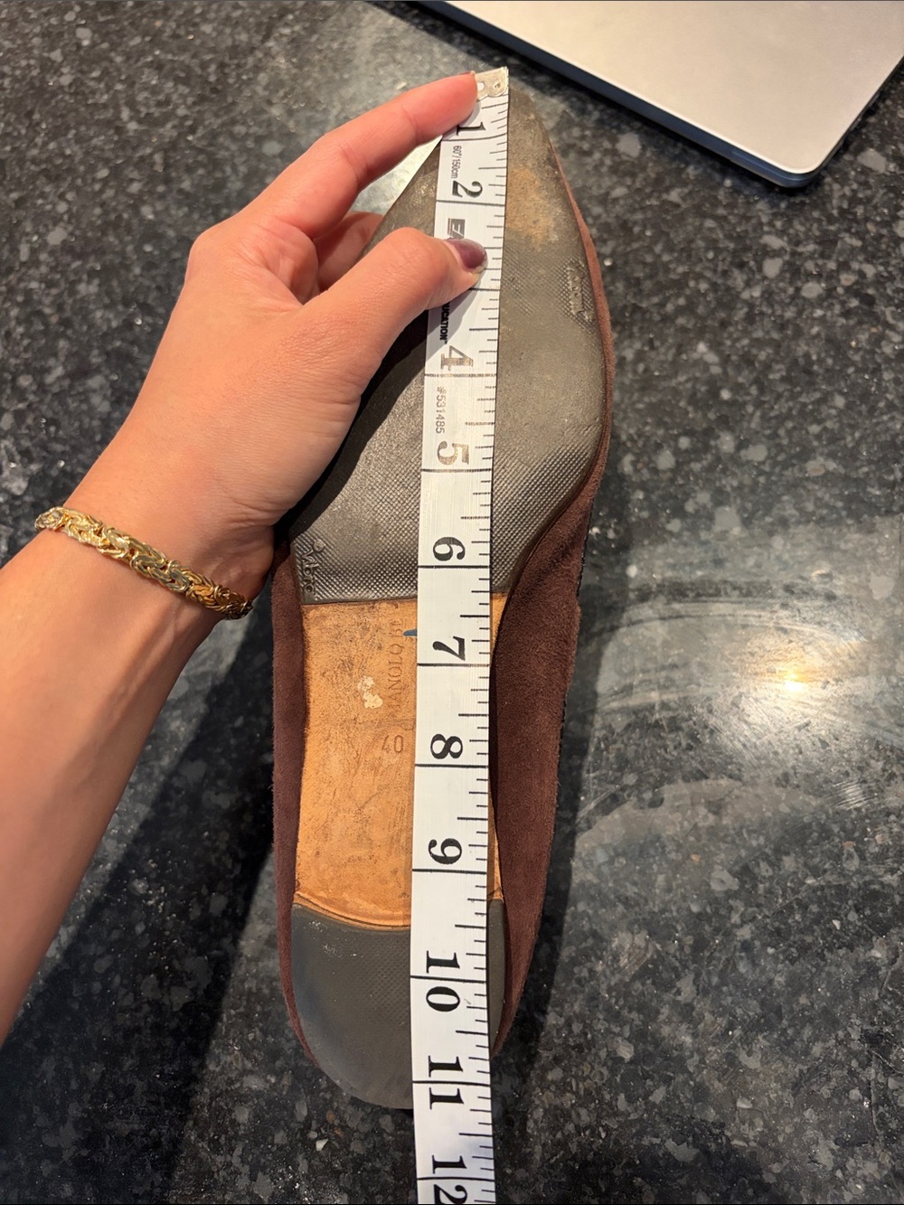 Manolo Blahnik Dark Brown Suede Pointed-Toe Flats with Braided Trim - Picture 8 of 9